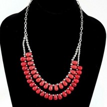 CHAPS Red Silver Beaded Metal Chain Bib Necklace Signed EUC - $19.75