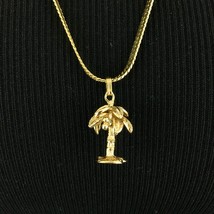 MONET gold-tone palm tree pendant necklace - vintage charm 24&quot; herringbo... - £19.98 GBP