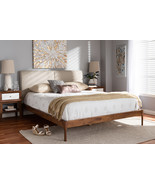 Eliya Beige Fabric Upholstered Walnut Finished Queen Size Platform Bed - $14,755.64 MXN