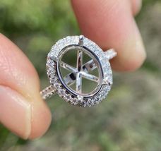 Semi Mount Ring Handmade Engagement Ring Oval Center Stone 14K White Gold Ring - £310.94 GBP
