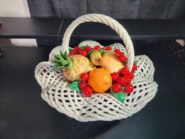 Vintage 1960s Italian Ceramic Fruit Bowl Capodimonte Bassano Style Basket 16&quot; - £104.47 GBP