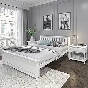 Solid Wood Queen Bed Frame, Platform Bed With Headboard, White - $420.99