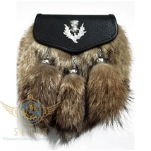 Black Leather Scottish Kilt Sporran - Semi Dress Fox Fur Sporran &amp; Chain Belt - £29.23 GBP