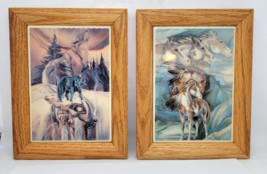 Two Framed Art Tiles JODY BERGSMA Native American Wolves Horses Totem - £27.56 GBP