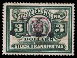 US REVENUE Stamp - New York Stock Transfer, $3, Overprint, Punched 1314 - £1.17 GBP