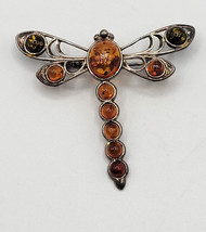 Dragonfly Bug Insect Pin Brooch Silver 925 Amber Gems Poland Estate 2&quot; - £33.60 GBP