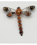 Dragonfly Bug Insect Pin Brooch Silver 925 Amber Gems Poland Estate 2&quot; - £35.96 GBP