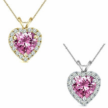 6mm Heart CZ Pink Topaz Birth Gem Stone Silver Halo Pendant Necklace 18&quot; Chain - £21.78 GBP