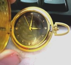 Vintage 1980s Bulova Pocket Watch 38mm Goldtone Quartz Black dial - $65.26