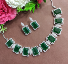 Bollywood Style Indian Emerald Silver Plated CZ AD Necklace Choker Jewelry Set - £76.57 GBP