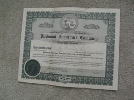 Vintage 1923 Stock Certificate Piedmont Insurance Company 10 Shares - $23.76