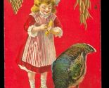 Vintage Postcard Thanksgiving Day Blessings Red Girl in Pinafore Feeding... - $10.88