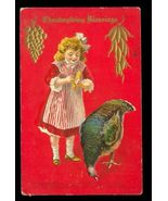Vintage Postcard Thanksgiving Day Blessings Red Girl in Pinafore Feeding... - $10.88