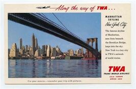 TWA Manhattan Skyline New York Postcard Trans World Airlines Brooklyn Br... - $13.86