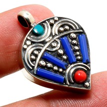 Lapis Lazuli Turquoise Red Coral Handmade Bohemian Pendant Nepali 1.20&quot; SA 1684 - £3.99 GBP