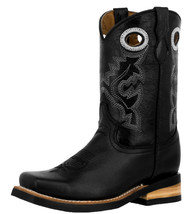 Kids Unisex Genuine Grain Leather Cowboy Boots Black Square Size 9, 10, ... - $75.25 CAD