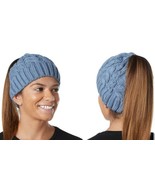 Womens Cable Knit Ponytail Beanie Hat Winter Snow Cold Pale Blue - £5.09 GBP