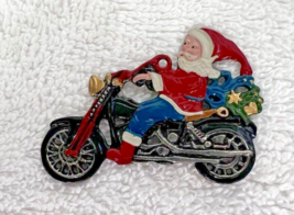 Old Pewter Hand Painted Santa On Chopper Motorcycle Christmas Ornament - $22.28