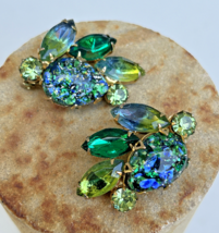 Vintage Dragons Breath Blue Green Peacock Dog Tooth Prong Cupcake Clip Earrings - £63.90 GBP
