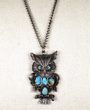 Vtg 1970's Silver Toned Owl On Branch Turquoise Chips Crystal Eyes Pendant - $28.67