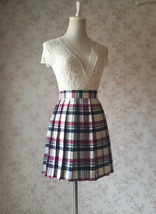 Red White Pleated Plaid Skirt Outfit Women A-line Mini Plaid Pleated Skirts image 2