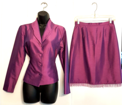 VTG Purple SKIRT SUIT size 6 Petite Jacket &amp; Bead Fringed Skirt Textured Sheen - $29.64