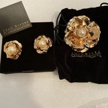 joan rivers Set Faux Pearl Pin &amp; Earrings  gold Rare New Clip Ons - £78.34 GBP
