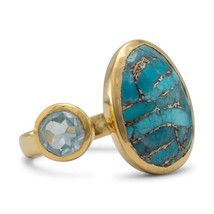 14K Yellow Gold Plated Ring with Blue Topaz Oval Turquoise 925 Sterling Silver  - £110.88 GBP