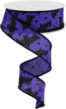 Purple Bats Halloween Wired Ribbon 1 1 2&quot; x 10 Yards Black Purple Bows W... - £23.89 GBP