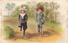 A Cycling We Will Go~Well Dressed Young Boy &amp; Girl Riding BICYCLES~1904 Postcard - £10.17 GBP