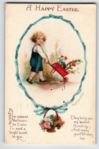 Easter Postcard Signed Ellen Clapsaddle 1918 Girl In Overalls Flower Cart Wolf - £13.06 GBP