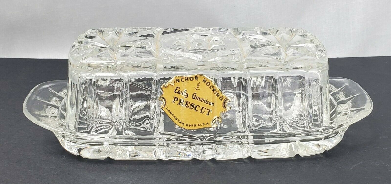 Anchor Hocking Vintage Quarter Pound Covered Butter Prescut Clear Lid Sticker - $29.50