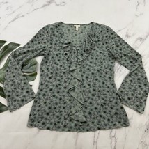 J Jill Vintage Y2k Mesh Knit Top Size M Sage Green Floral Ruffle Bell Sleeve - $26.72