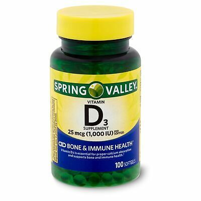 Spring Valley Vitamin D3 Softgels, 25mcg, 1,000 IU, 100 Count - $19.57