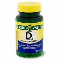 Spring Valley Vitamin D3 Softgels, 25mcg, 1,000 IU, 100 Count - £15.77 GBP