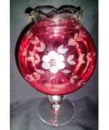 vintage etched cranberry glass globe vase - $456.16 MXN
