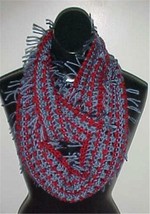 Hand Crochet Infinity Scarf/Neckwarmer #136 Burgundy/Blue w/Fringe NEW - $15.88