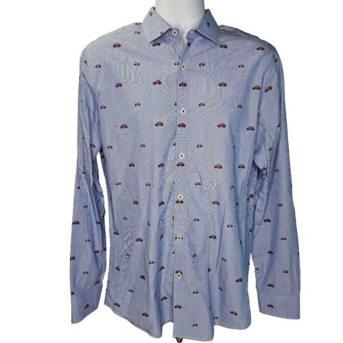 Primary image for Penguin Heritage Slim Fit Stretch Dress Shirt Mens M 15.5 34/35 Blue Cars Mopeds