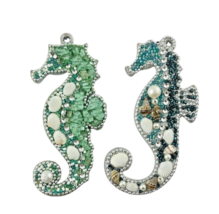 Sea Horse Christmas Ornaments Set of 2 Blue Beaded Mosaic Seashells - $19.26