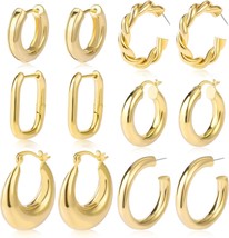 6 Pairs Chunky Gold Hoop Earrings Set for Women 14K Gold Plated Hypoallergenic T - £24.89 GBP