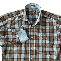 Bugatchi Large Shirt Brown Blue Plaid Long Flip Sleeve Cotton Classic Fit - $12.86