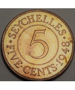Seychelles 5 Cents, 1948 Gem Unc~RARE 300,000 Minted~1st Year Ever~Free ... - $13.12