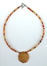 Carnelian Bamboo and Button Beads and Carnelian Rose Pendant Necklace  - €26,05 EUR