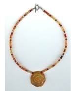 Carnelian Bamboo and Button Beads and Carnelian Rose Pendant Necklace  - €26,05 EUR