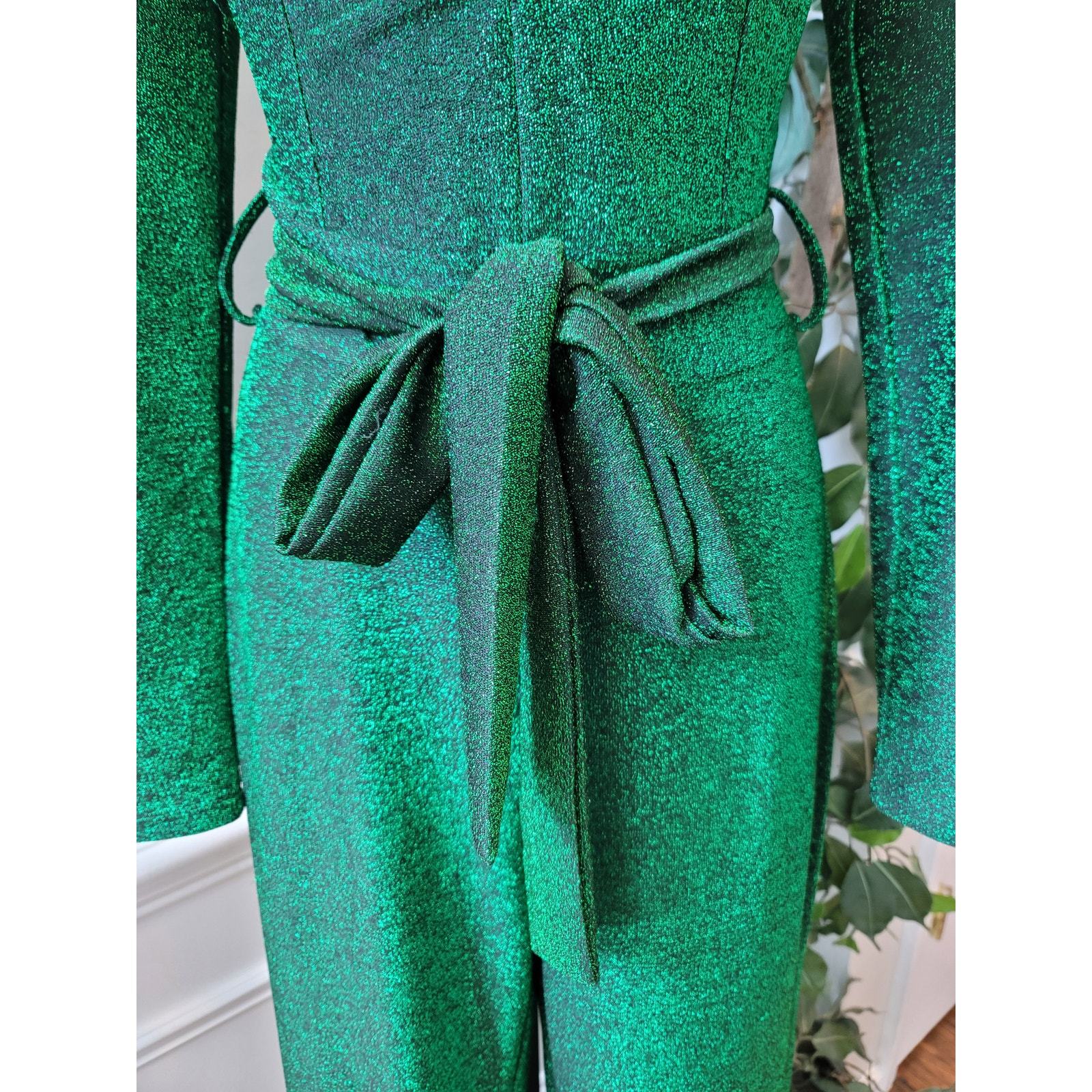 Women's Jumpsuit Small Green Metallic Glitter Long Sleeves V Neck Belted Item image 4