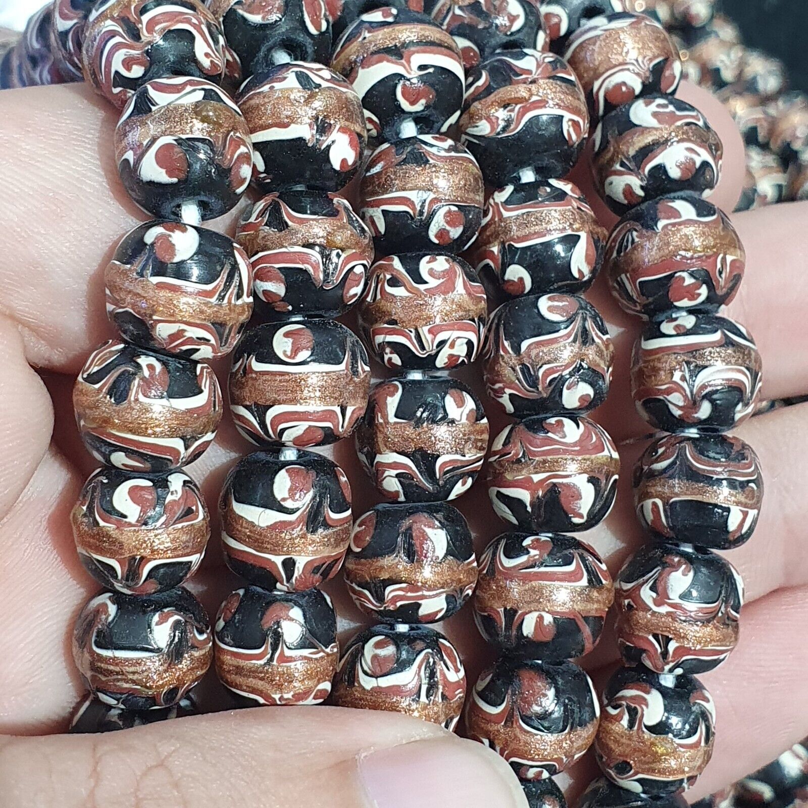 Collana Vintage Avventurina Millefiori Nero Fantasia Piume Vetro Perline... - $36.74