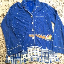 Nick &amp; Nora Christmas Blue Flannel Santa Sled Cityscape Pajama top shirt... - $29.00