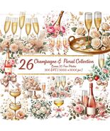 Champagne &amp; Florals Watercolor Clipart: Roses, Pearls, Ribbons (PNG Set)... - $2.10