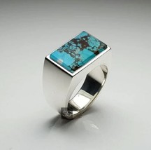 Rectangle Flat Turquoise Ring Men Solid 925 Silver Men Ring Father&#39;s Day Gifts - £69.89 GBP