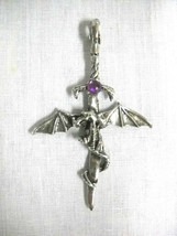 Flying Dragon Wrapped Long Sword W Purple Crystal Pewter Pendant 30&quot; Necklace - £7.98 GBP